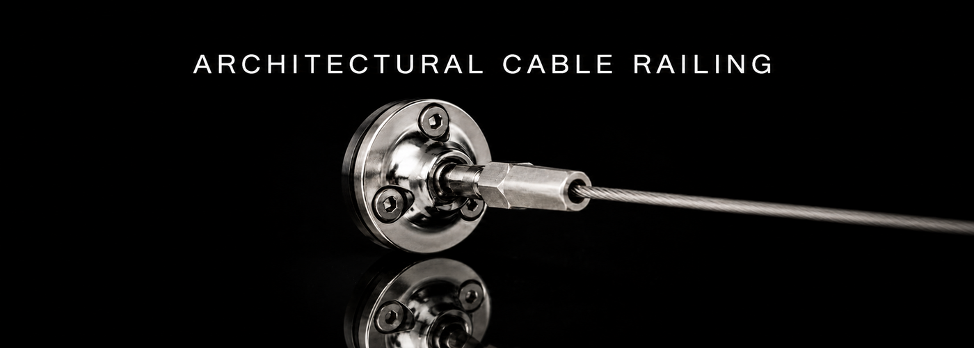 Stainless steel architectural cable railing terminals and wire rope on a black reflective background