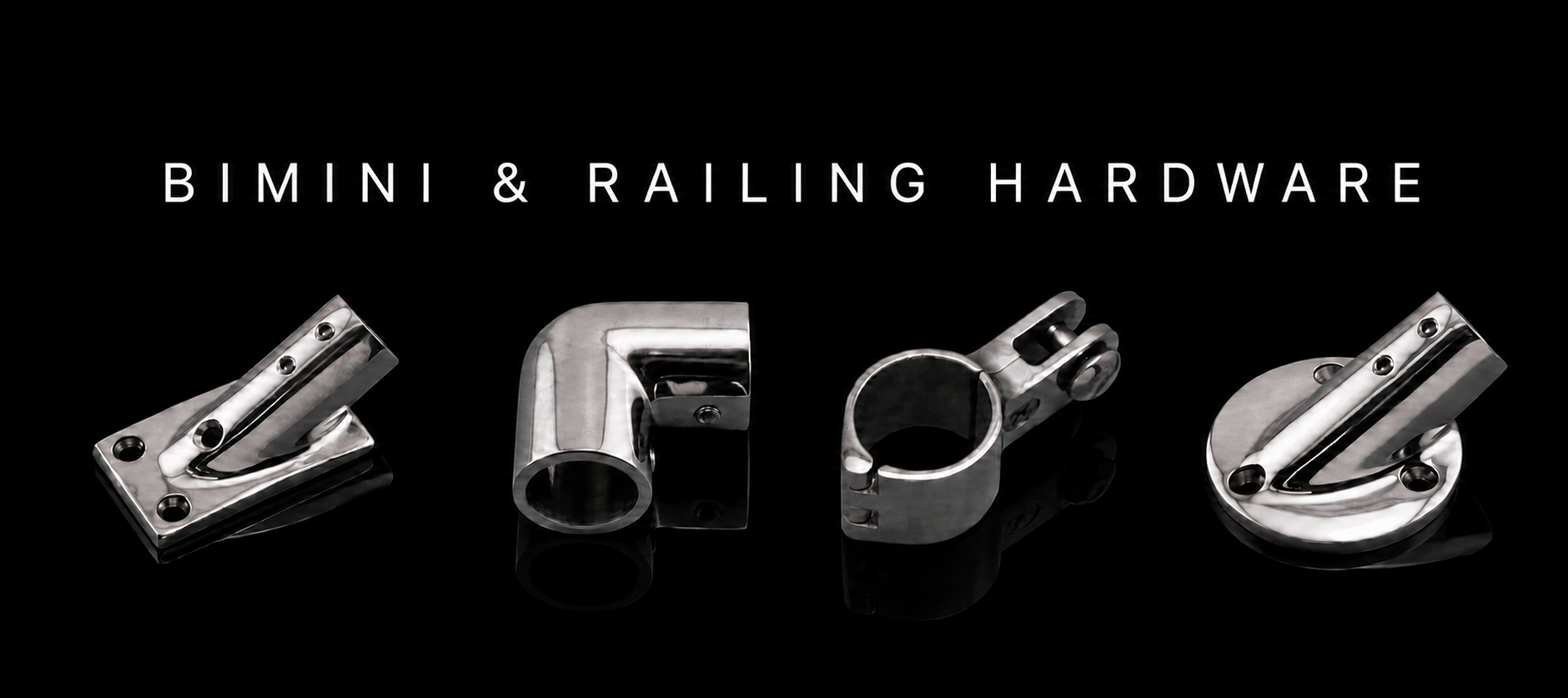 Polished stainless steel Bimini and railing fittings on a black reflective background