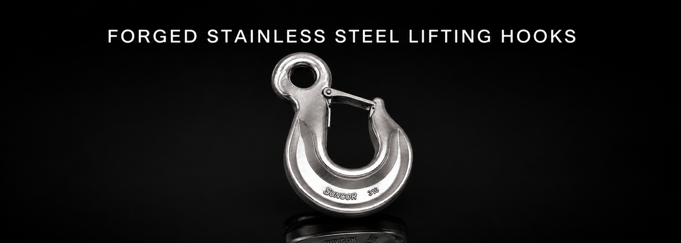 Forged 316 stainless steel lifting hook with safety latch on a black background
