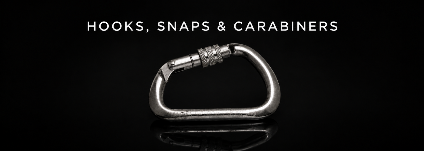 Stainless steel locking carabiner, marine hook and swivel snap on a black reflective background
