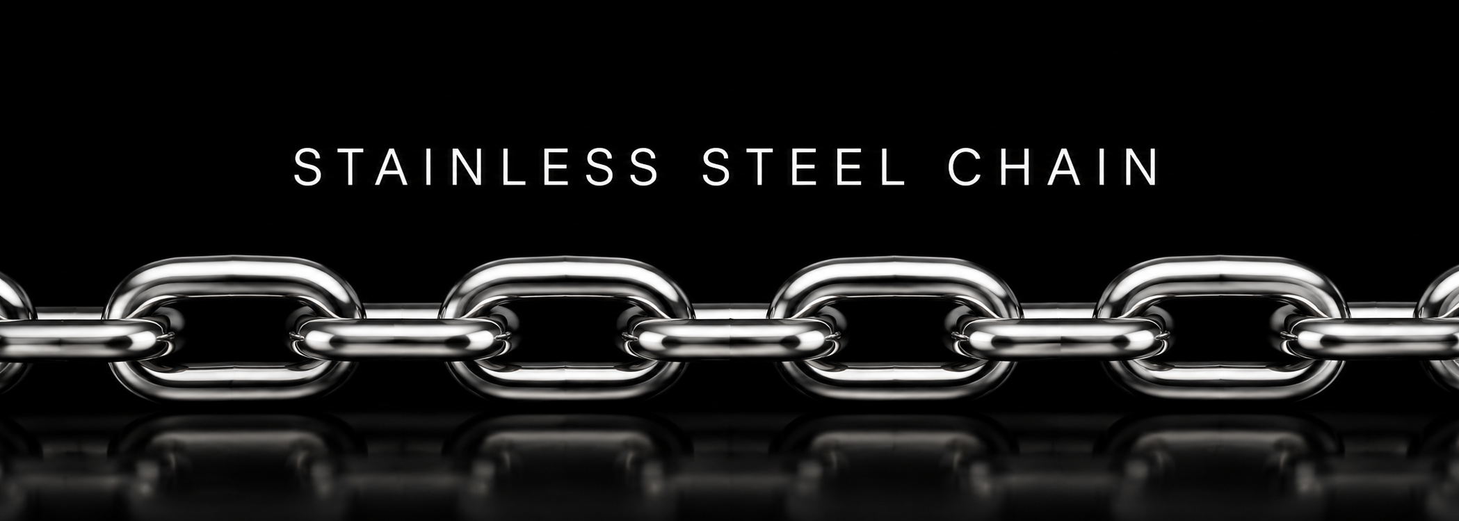 Polished stainless steel marine chain on a black reflective background