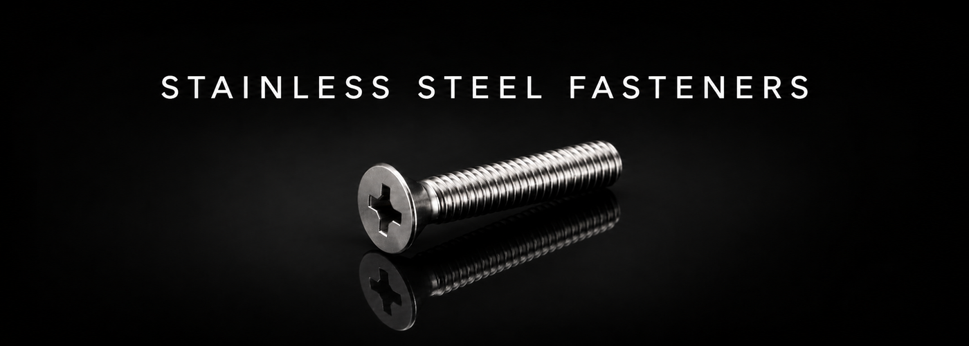 Stainless steel marine fasteners arranged on a black reflective background