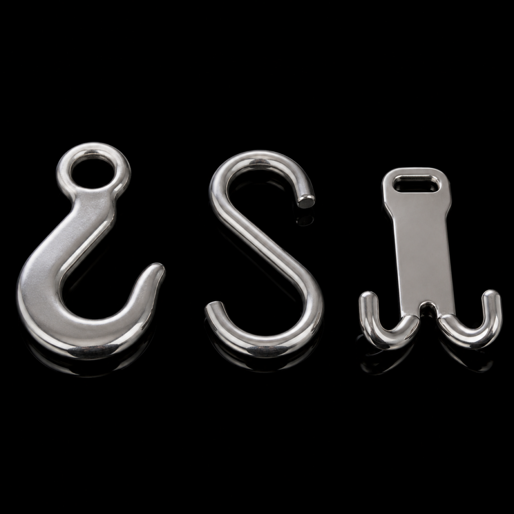 Stainless steel eye hook, S-hook and double-J webbing hook on a black reflective background