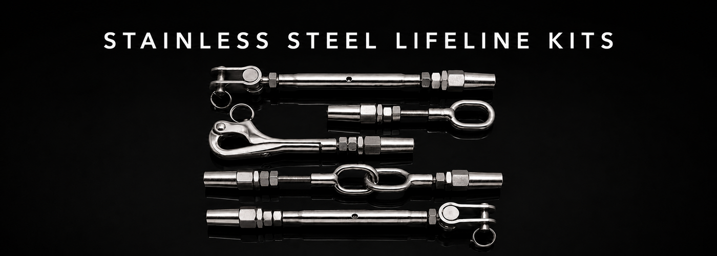 Stainless steel marine lifeline kit hardware on a black reflective background