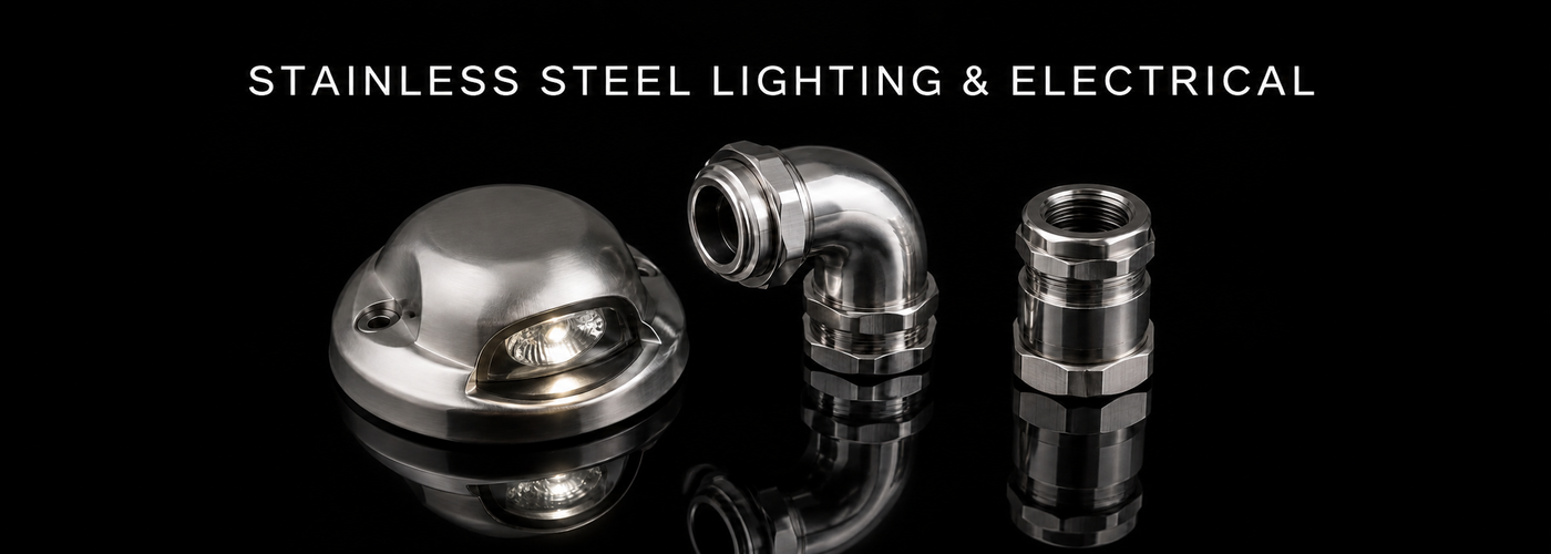Stainless steel marine LED lighting and electrical conduit hardware on a black reflective background