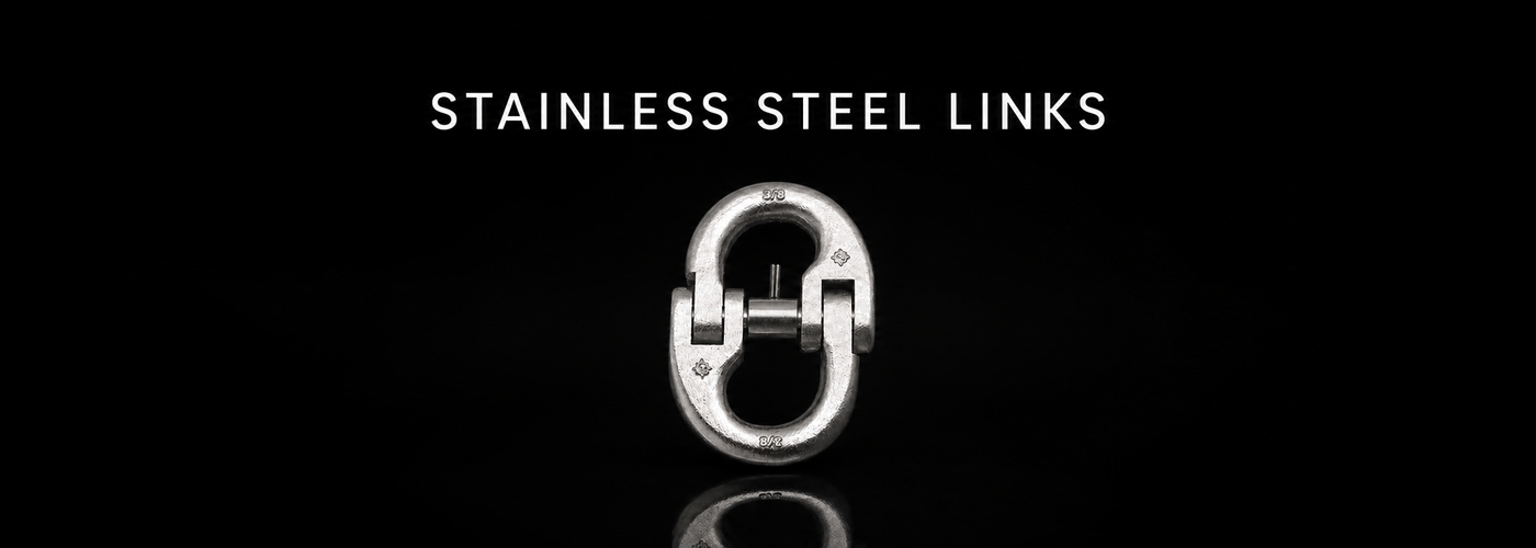 Stainless steel connecting link on a black reflective background