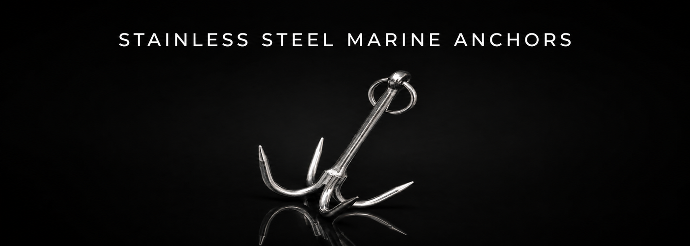 Stainless steel marine anchors and hoist anchor hardware on a black background