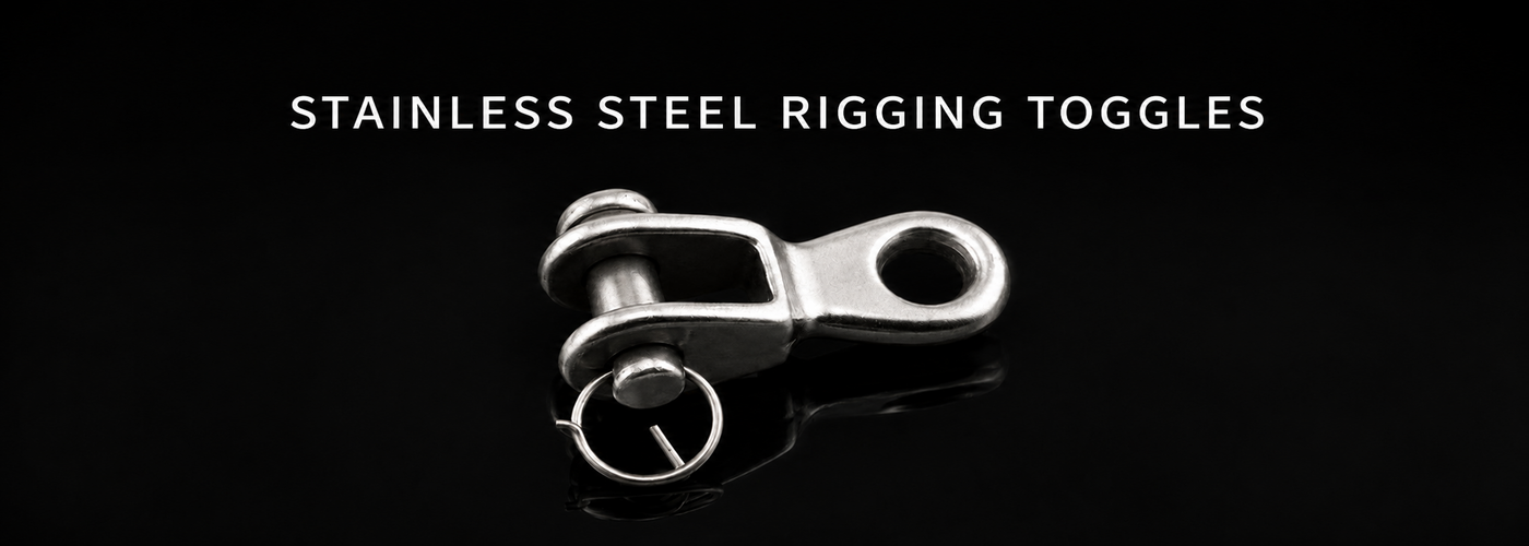 Stainless steel rigging toggle with retaining ring on a black reflective background
