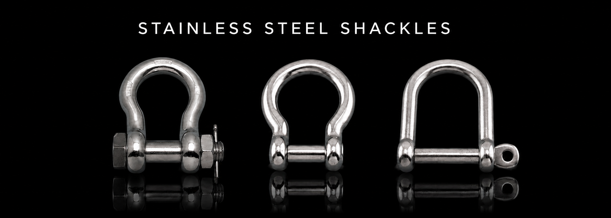 Stainless steel bow, anchor and D shackles on a black reflective background