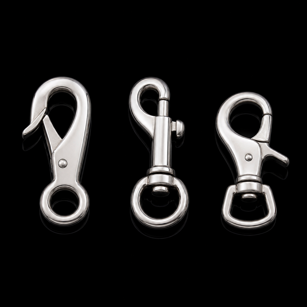 Stainless steel fixed-eye, swivel and trigger snaps on a black reflective background