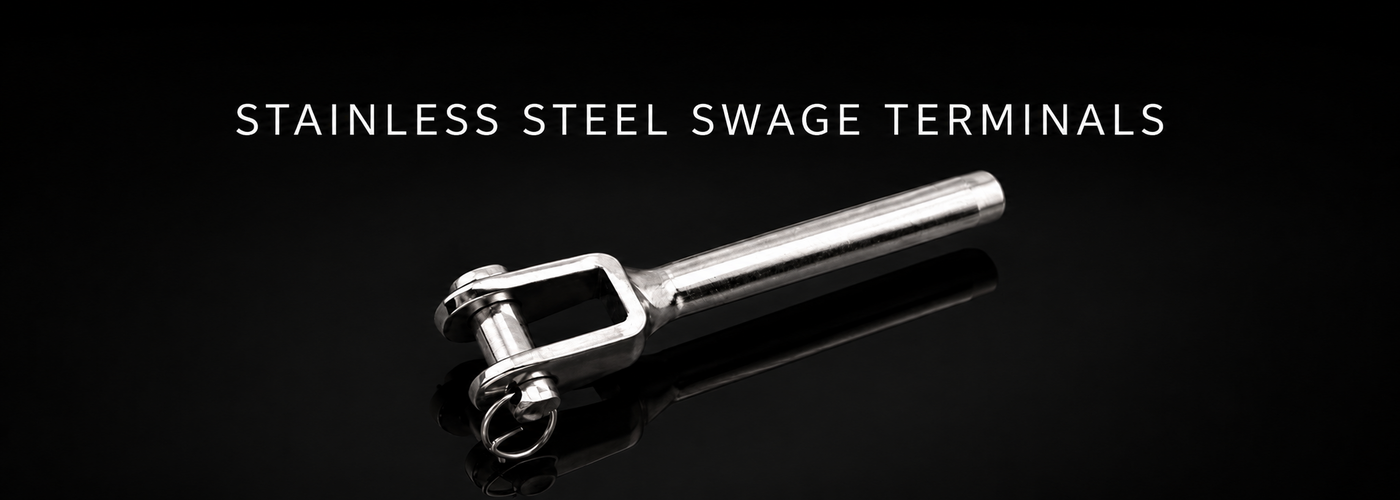 Stainless steel swage fork terminal on a black reflective background