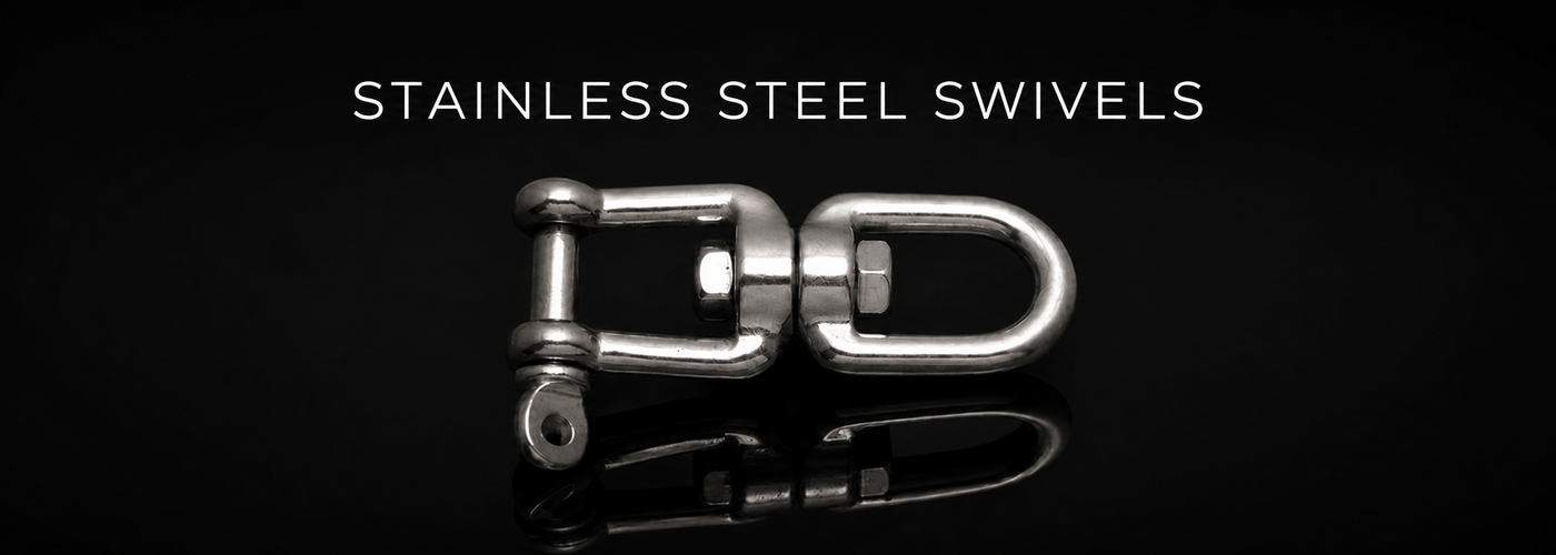 316 stainless steel marine swivels on a black reflective background