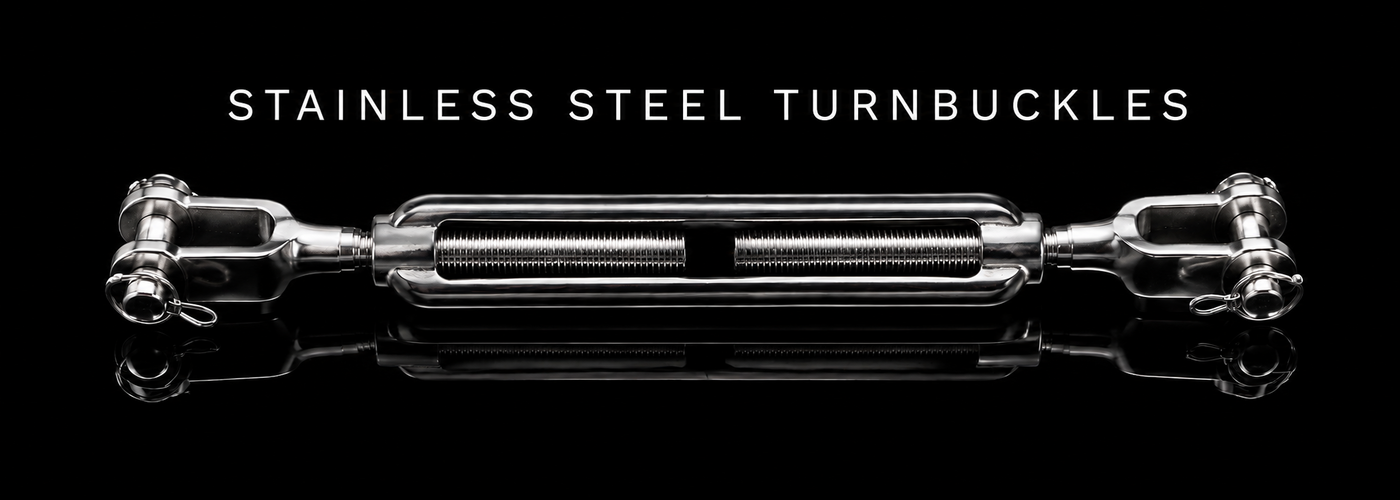 316 stainless steel jaw-to-jaw marine turnbuckle on a black reflective background