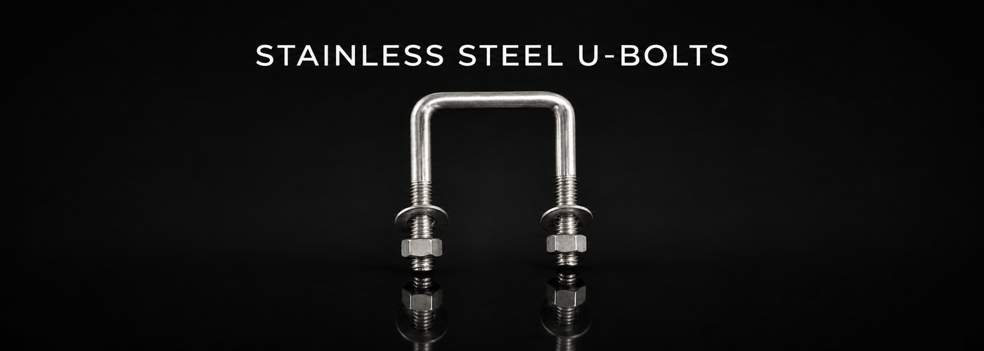 Stainless steel round, square, long and plated U-bolts on a black reflective background