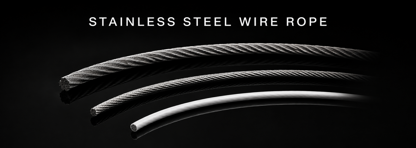 Stainless steel wire rope and cable constructions on a black reflective background