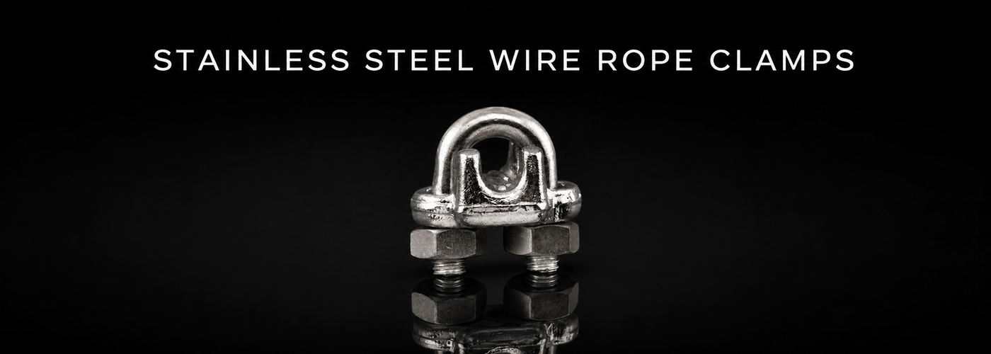 Stainless steel wire rope clips, clamps and termination components on a black reflective background