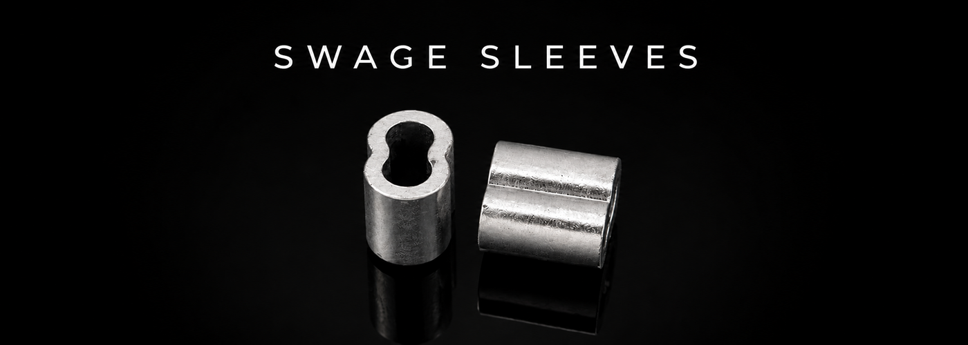 Aluminum swage sleeves on a black reflective background