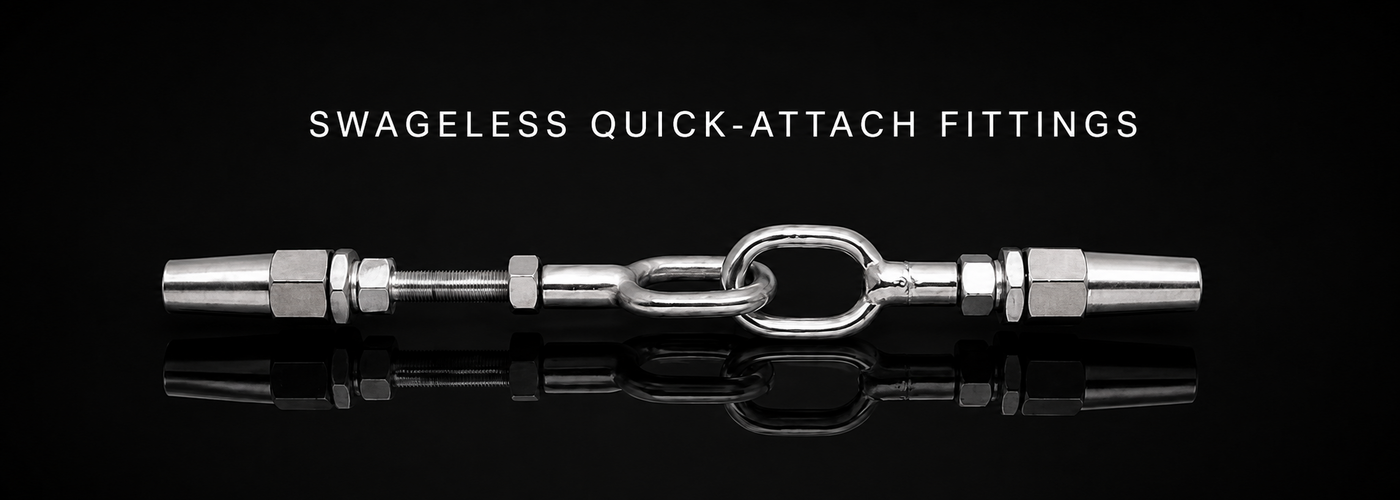 Stainless steel swageless quick-attach wire rope fittings on a black background