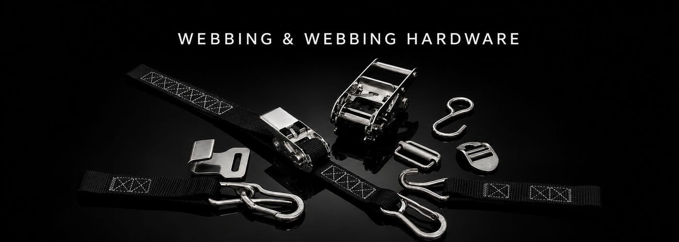 Marine webbing straps and stainless steel ratchet hardware on a black reflective background