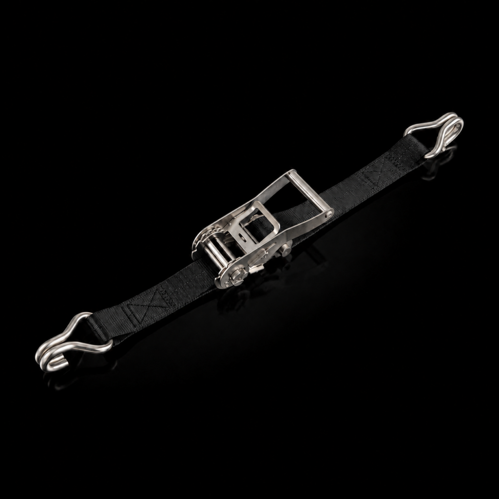 Black marine webbing ratchet assembly with stainless steel end hooks