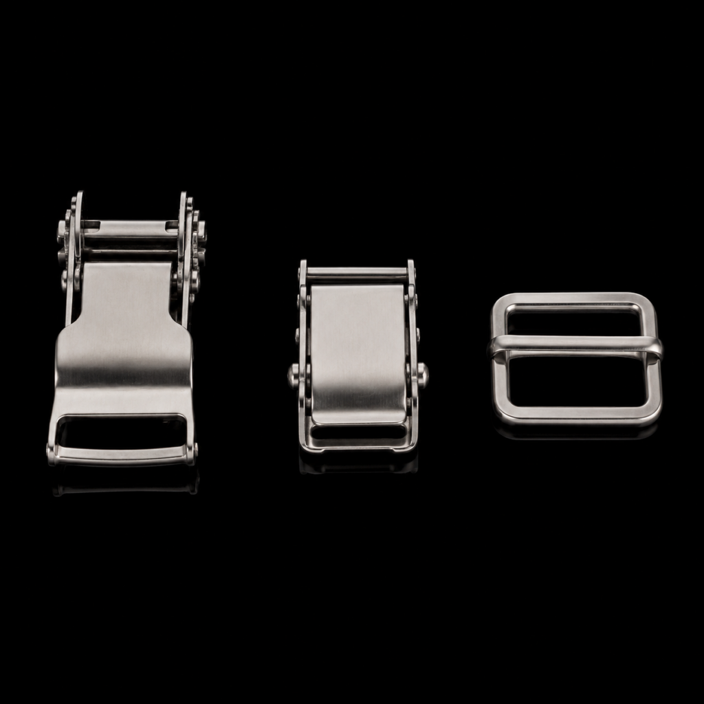 Stainless steel ratchet buckle, over-center buckle and webbing adjuster slide on a black reflective background