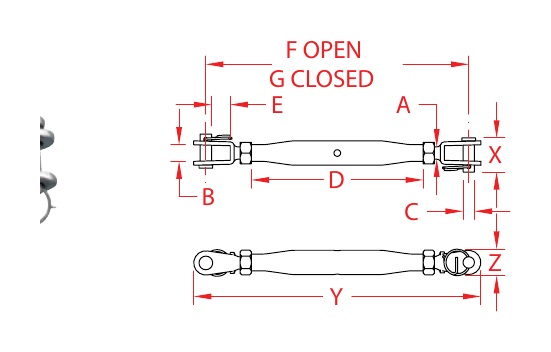 316 Stainless Steel Closed-Body Jaw-to-Jaw Turnbuckles dimensional drawing