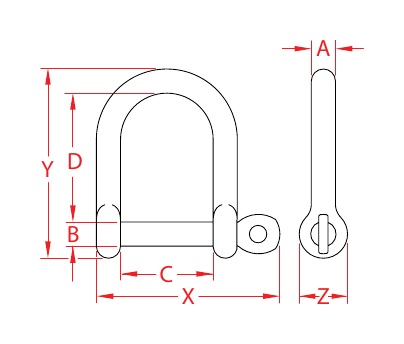316 Stainless Steel Wide D Shackles with Screw Pins dimensional drawing