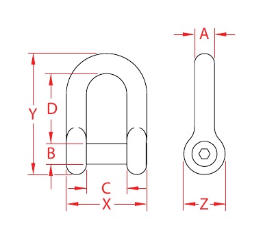 Stainless Steel No-Snag Straight Shackles dimensional drawing