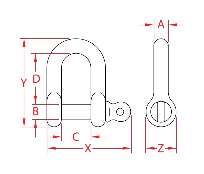 316 Stainless Steel Straight D Shackles with Screw Pins dimensional drawing