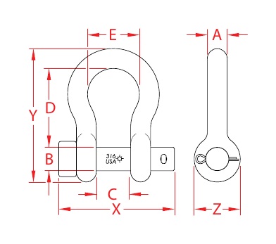 Made-in-USA 316 Stainless Steel Round-Pin Anchor Shackles dimensional drawing
