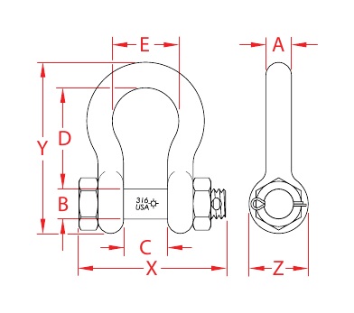 Made-in-USA 316 Stainless Steel Bolt Anchor Shackles dimensional drawing