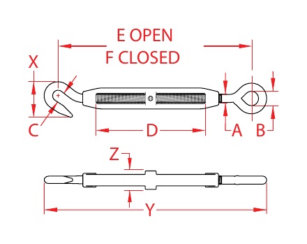 316 Stainless Steel Eye-to-Hook Turnbuckles dimensional drawing