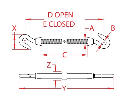 316 Stainless Steel Hook-to-Hook Turnbuckles dimensional drawing