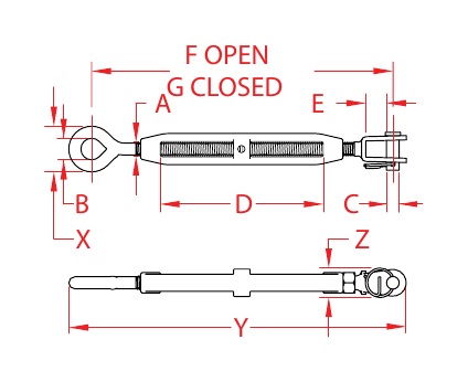 316 Stainless Steel Jaw-to-Eye Turnbuckles dimensional drawing