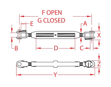 316 Stainless Steel Jaw-to-Jaw Turnbuckles dimensional drawing