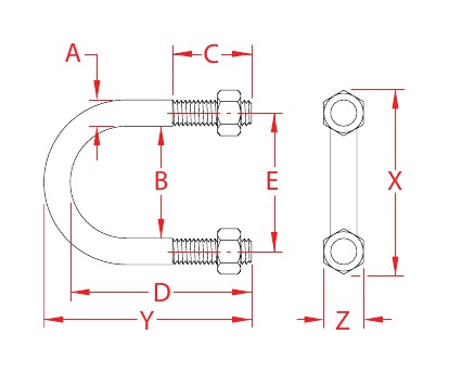 304 Stainless Steel Standard U-Bolts dimensional drawing