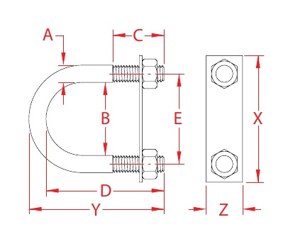 304 Stainless Steel U-Bolts with Plates dimensional drawing
