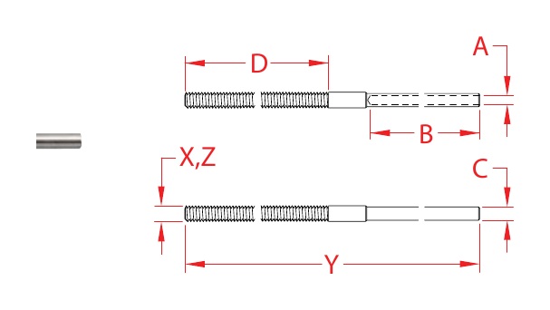 316 Stainless Steel Right-Hand Long Hand-Swage Studs dimensional drawing