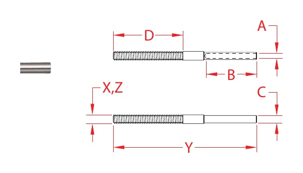 316 Stainless Steel Right-Hand Hand-Swage Studs dimensional drawing