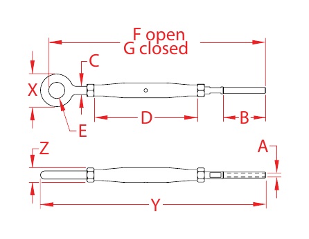 316 Stainless Steel Closed-Body Eye-to-Hand-Swage Turnbuckles dimensional drawing