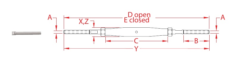 316 Stainless Steel Closed-Body Stud-to-Stud Hand-Swage Turnbuckles dimensional drawing