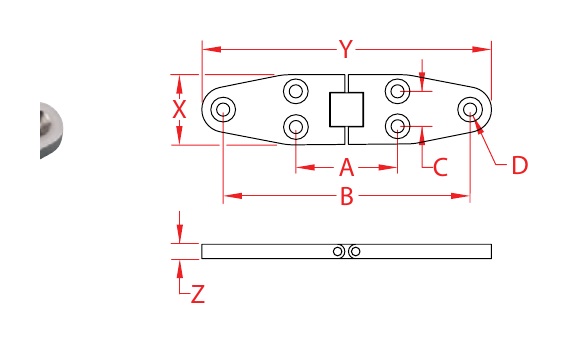 Stainless Steel Heavy-Duty Flush Wide-Strap Hinges dimensional drawing