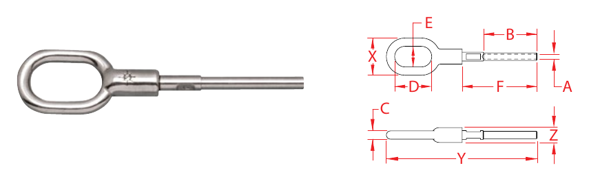 316 Stainless Steel Hand-Swage Fixed Gate Eyes dimensional drawing