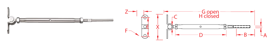 316 Stainless Steel Closed-Body Hand-Swage Wall Toggles dimensional drawing