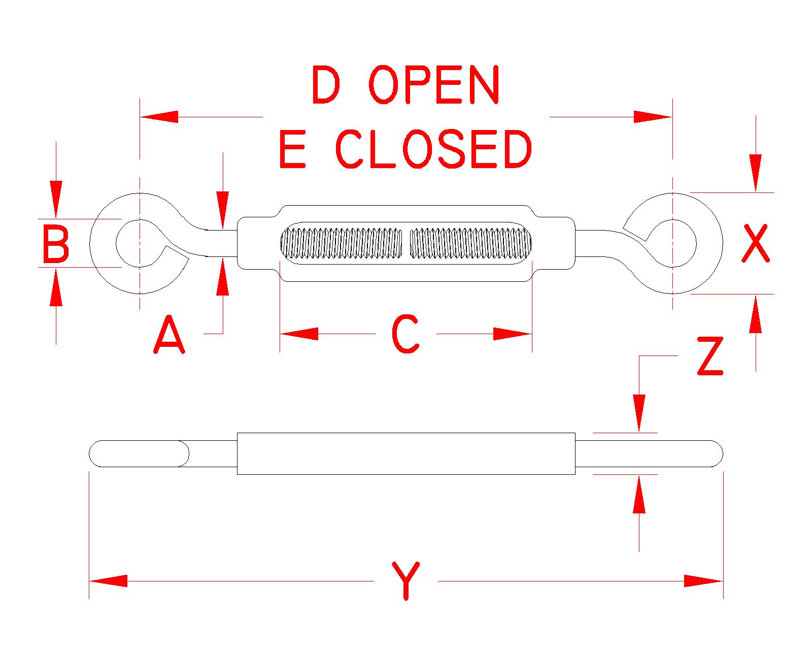 Aluminum Eye-to-Eye Turnbuckles with Stainless Steel Ends dimensional drawing
