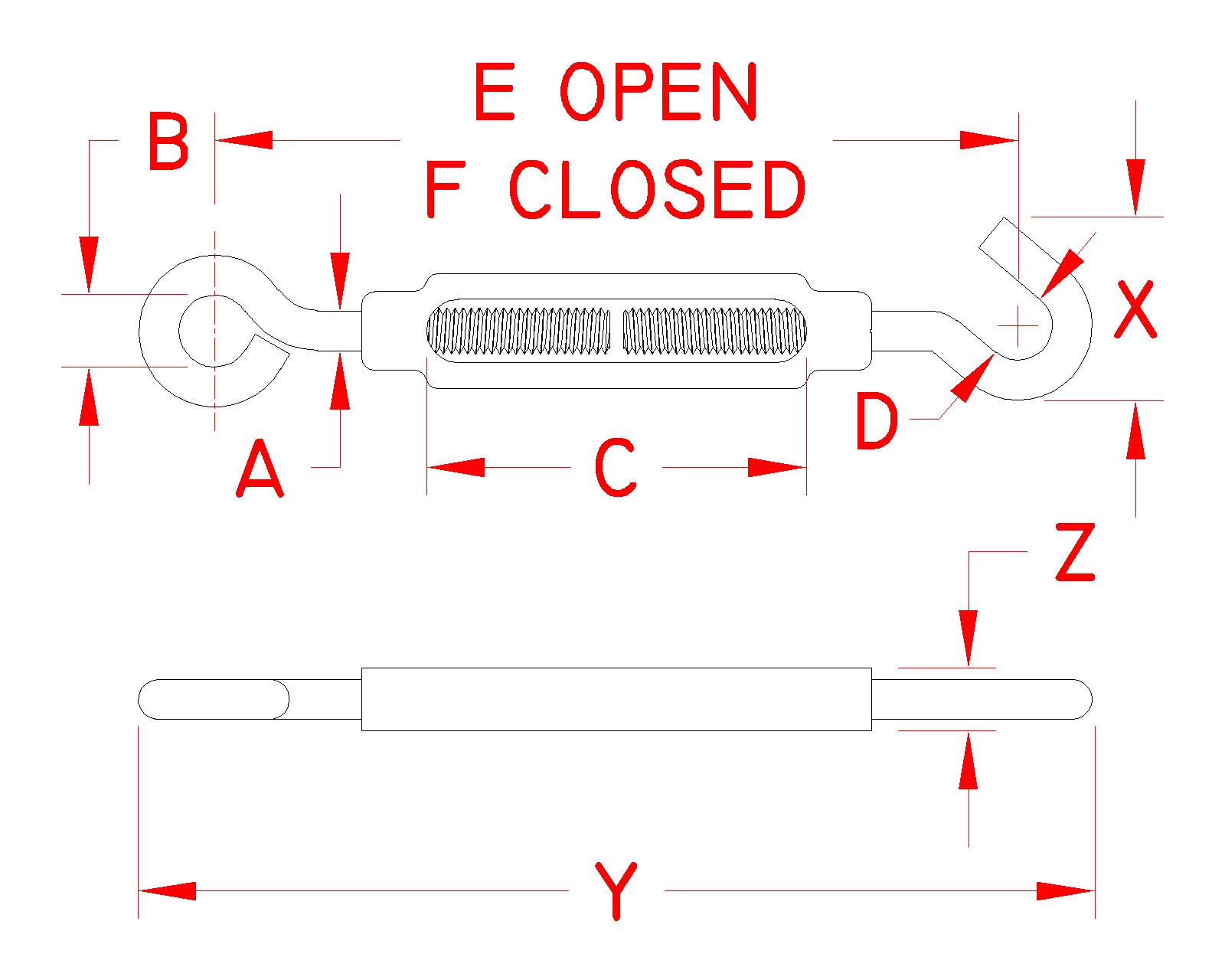 Aluminum Hook-to-Eye Turnbuckles with Stainless Steel Ends dimensional drawing