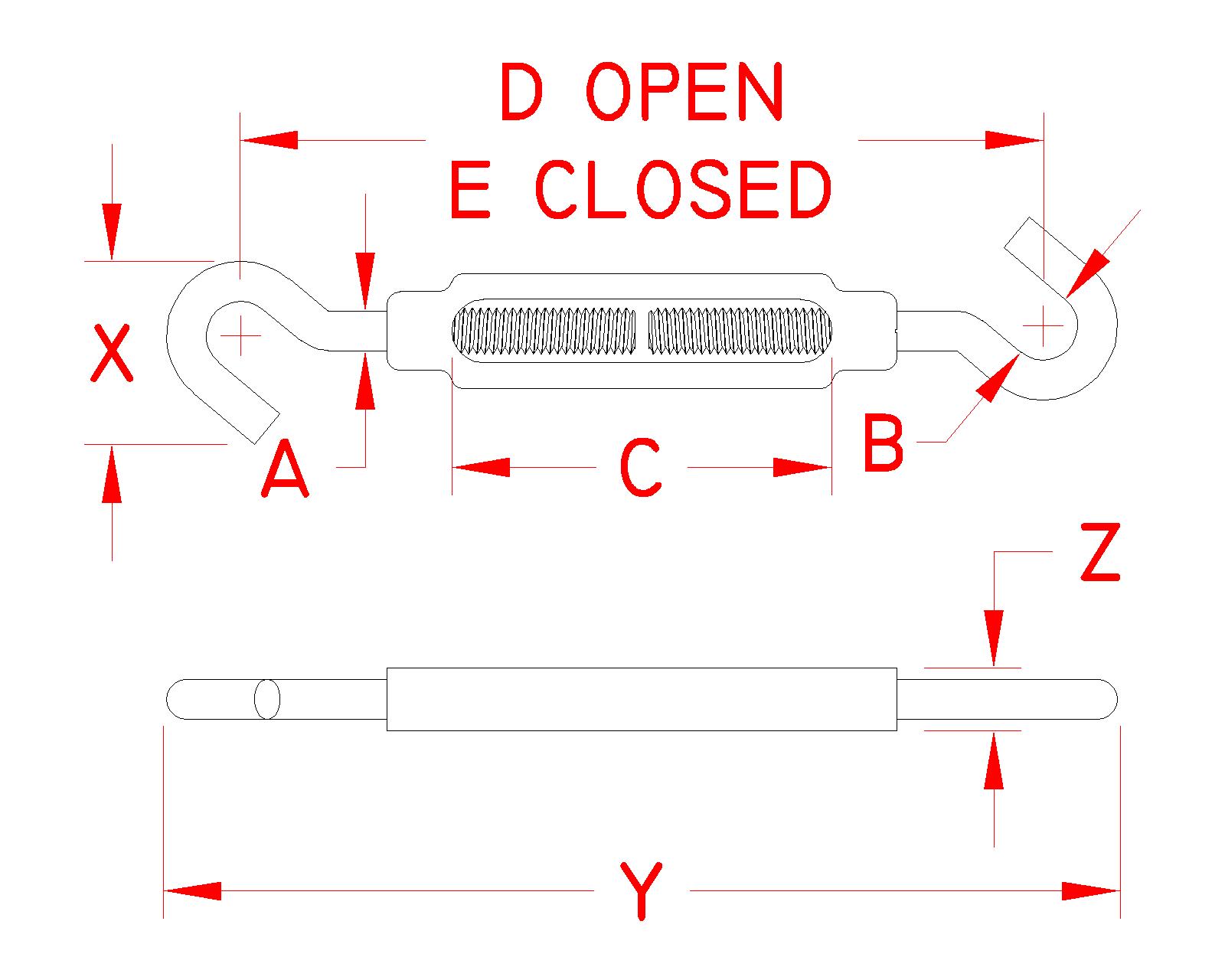 Aluminum Hook-to-Hook Turnbuckles with Stainless Steel Ends dimensional drawing