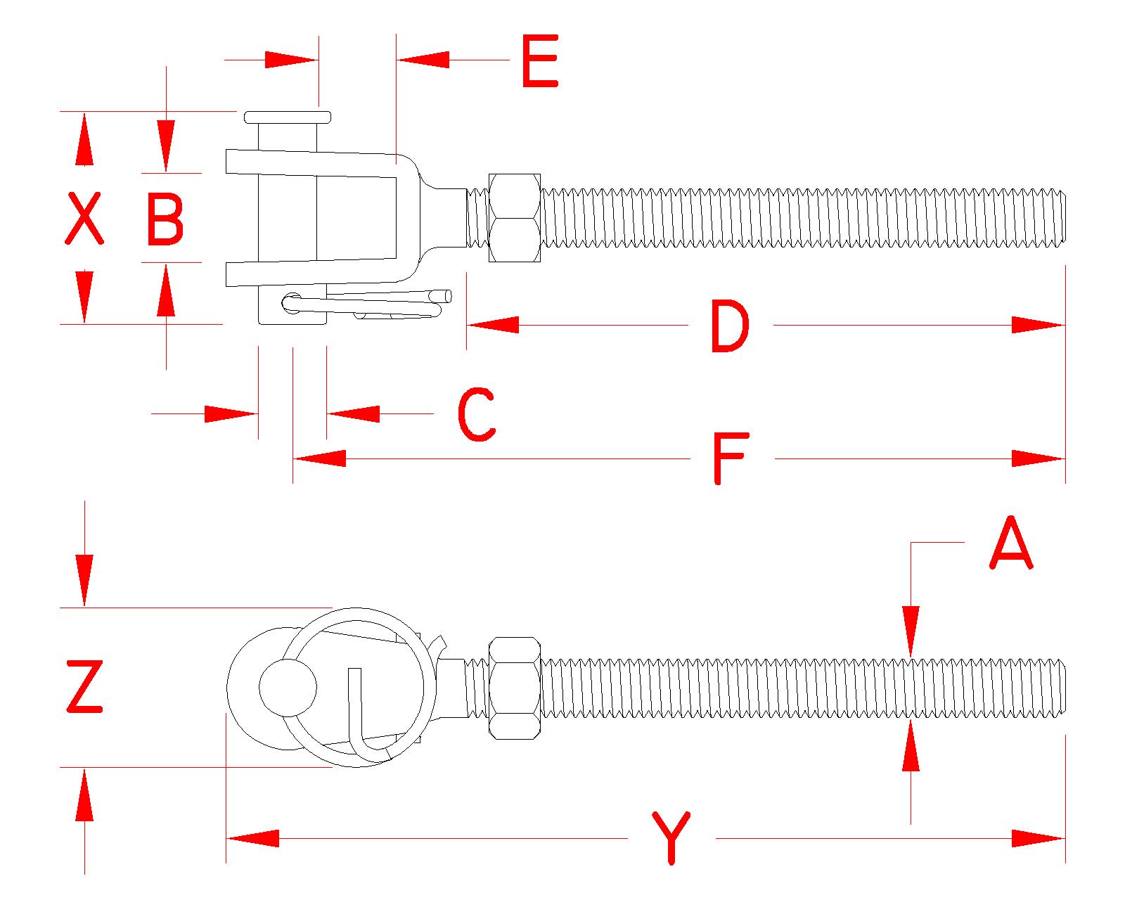 316 Stainless Steel Open-Turnbuckle Right-Hand Jaws dimensional drawing