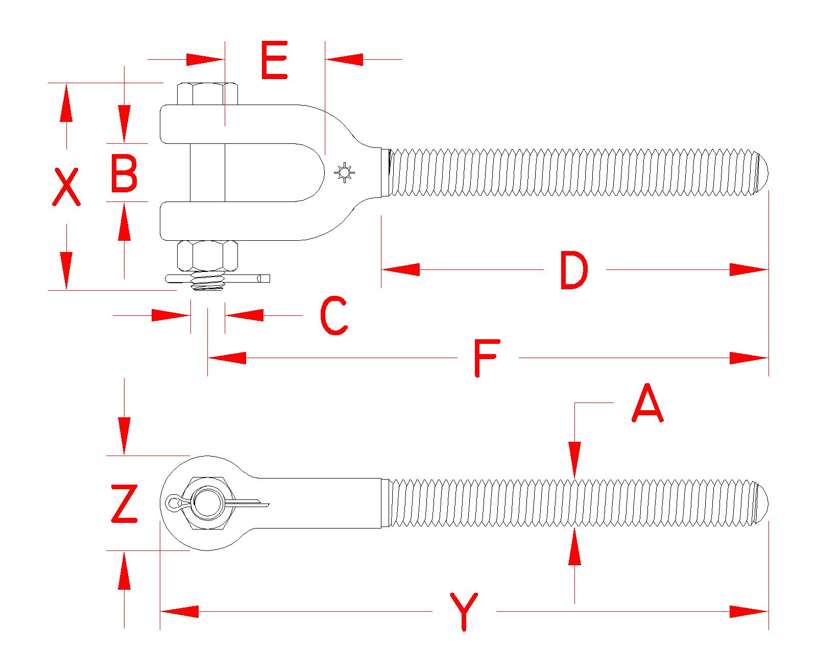 316 Stainless Steel Forged Right-Hand Turnbuckle Jaws dimensional drawing