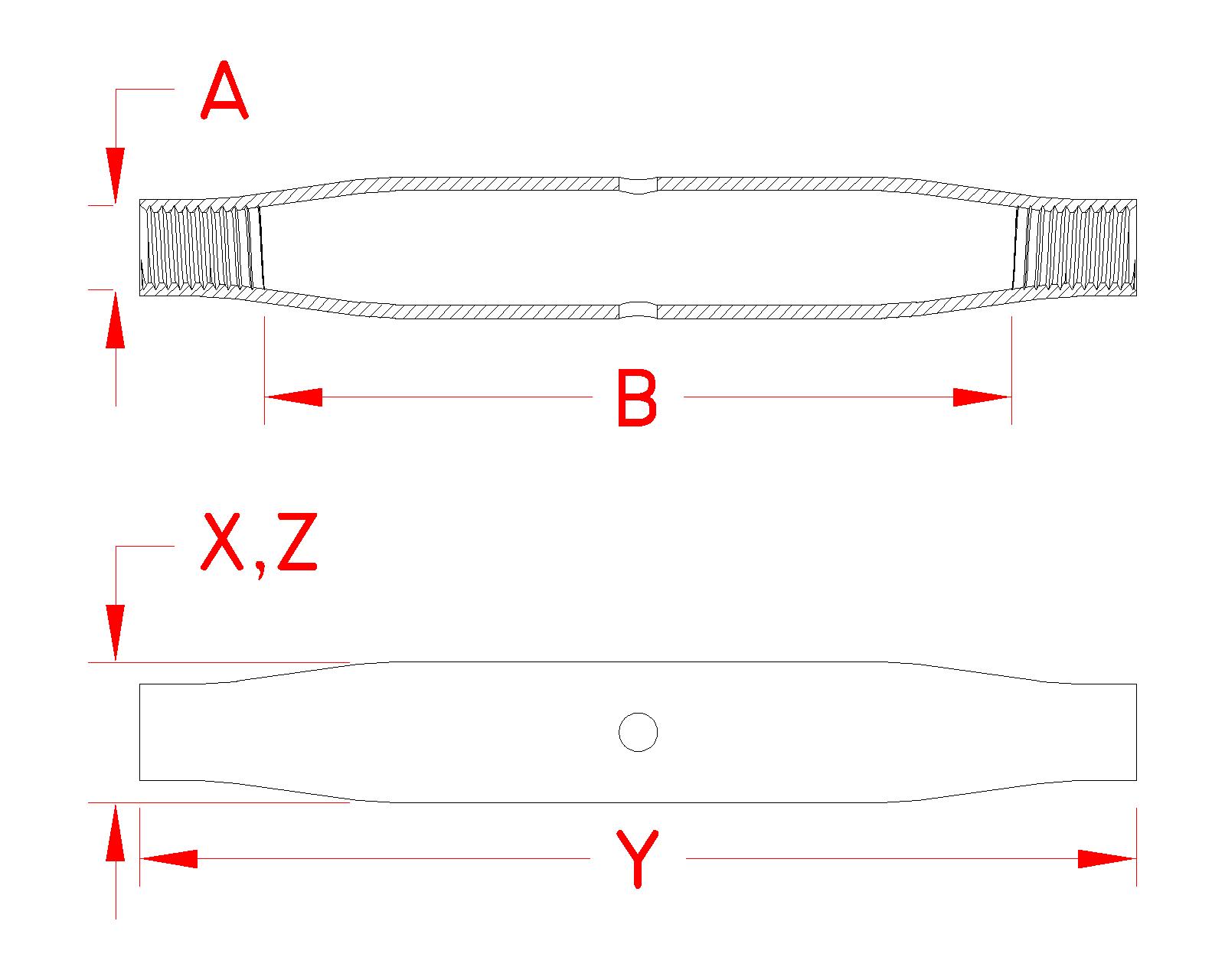 316 Stainless Steel UNF Turnbuckle Bodies dimensional drawing